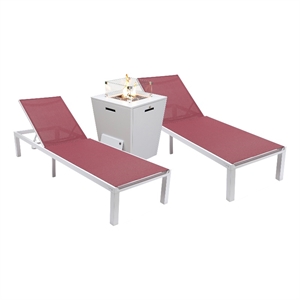 LeisureMod Marlin 2 White Aluminum Lounge Chair and Fire Pit Table Red