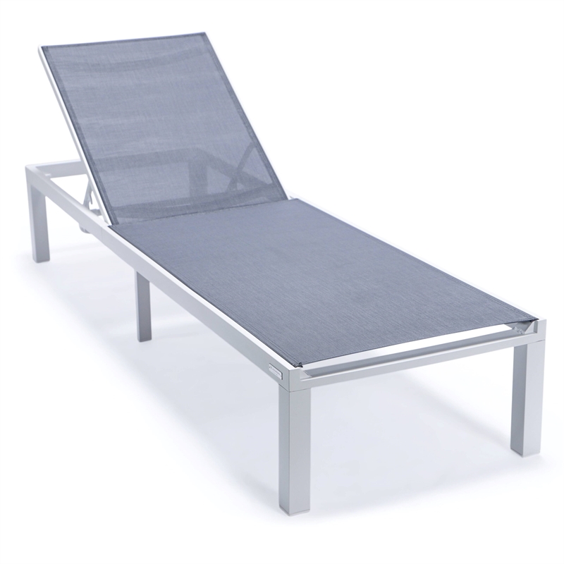 LeisureMod Marlin 2 White Aluminum Lounge Chair and Fire Pit Table Dark Gray