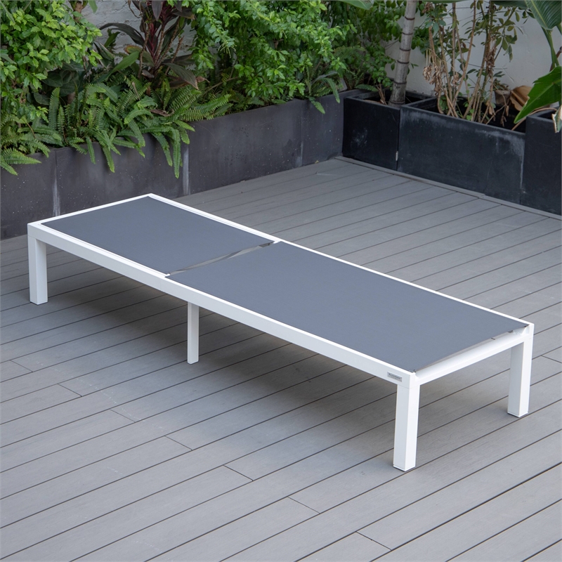 LeisureMod Marlin 2 White Aluminum Lounge Chair and Fire Pit Table Dark Gray