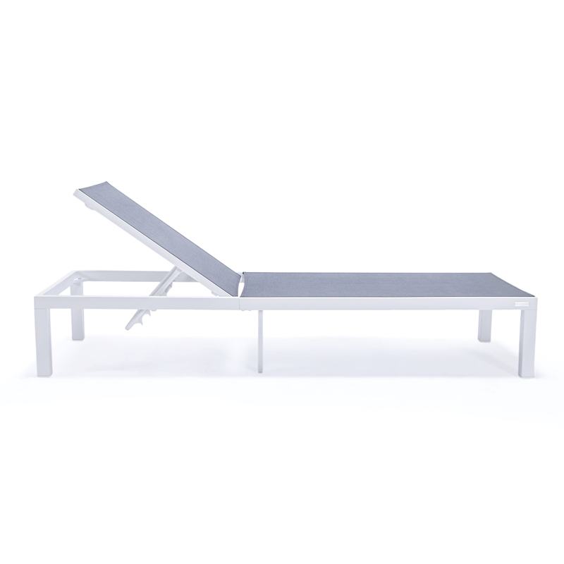 LeisureMod Marlin 2 White Aluminum Lounge Chair and Fire Pit Table Dark Gray