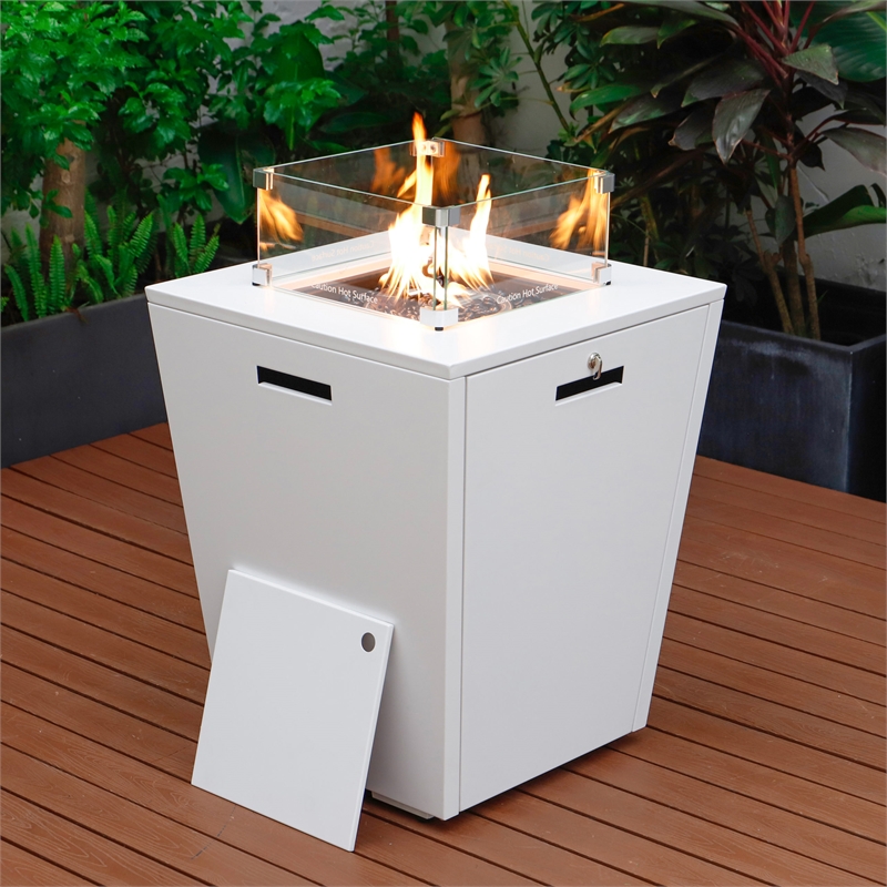 LeisureMod Marlin 2 White Aluminum Lounge Chair and Fire Pit Table Dark Gray