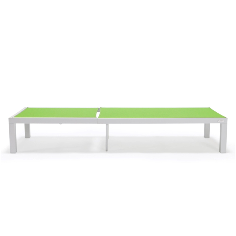 LeisureMod Marlin 2 White Aluminum Lounge Chair and Fire Pit Table Green