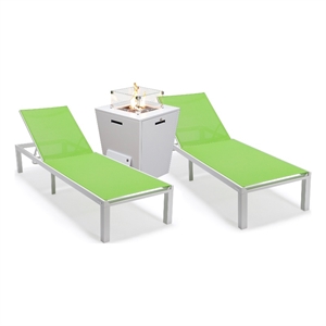 LeisureMod Marlin 2 White Aluminum Lounge Chair and Fire Pit Table Green
