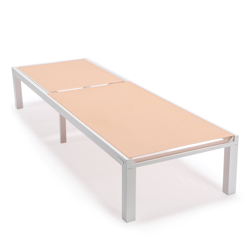 LeisureMod Marlin 2 White Aluminum Lounge Chair and Fire Pit Table Light Brown