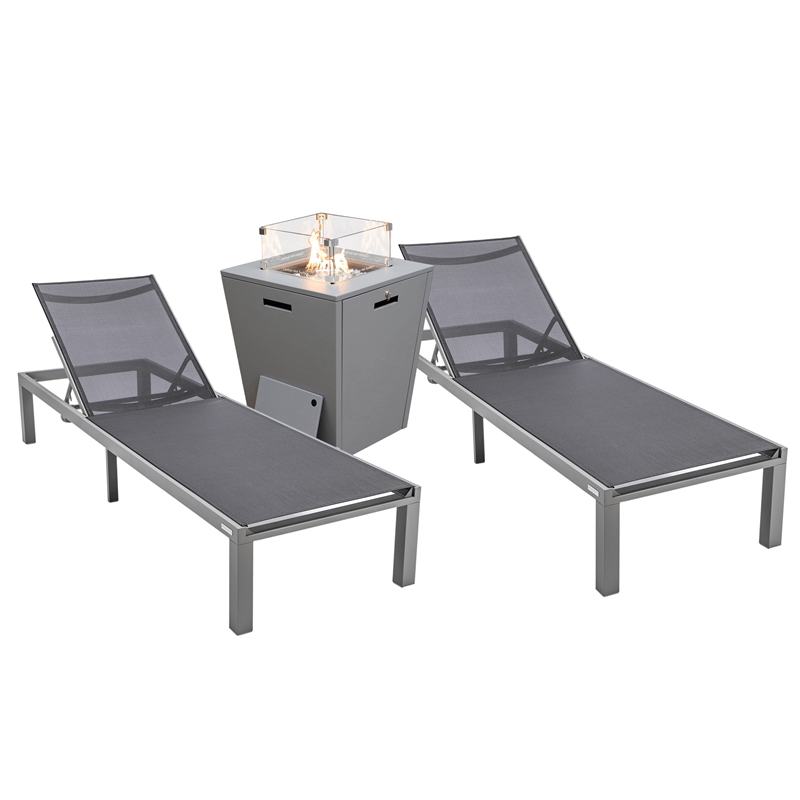 LeisureMod Marlin 2 Gray Aluminum Lounge Chair and Fire Pit Table Black