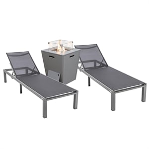 LeisureMod Marlin 2 Gray Aluminum Lounge Chair and Fire Pit Table Black