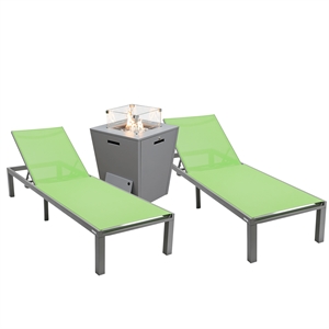 LeisureMod Marlin 2 Gray Aluminum Lounge Chair and Fire Pit Table Green