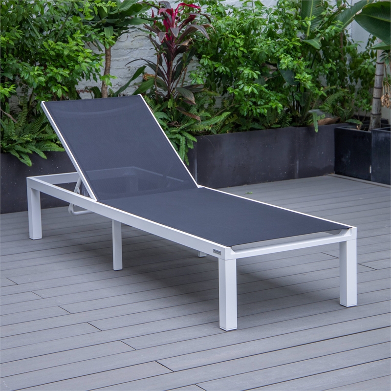 LeisureMod Marlin White Aluminum Lounge Chair and Fire Pit Table Black