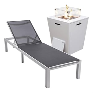 LeisureMod Marlin White Aluminum Lounge Chair and Fire Pit Table Black