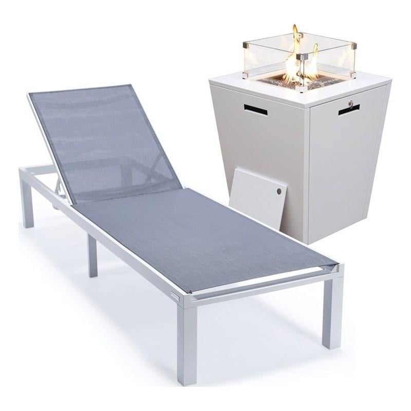 LeisureMod Marlin White Aluminum Lounge Chair and Fire Pit Table Dark Gray