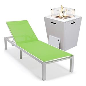 LeisureMod Marlin White Aluminum Lounge Chair and Fire Pit Table Green