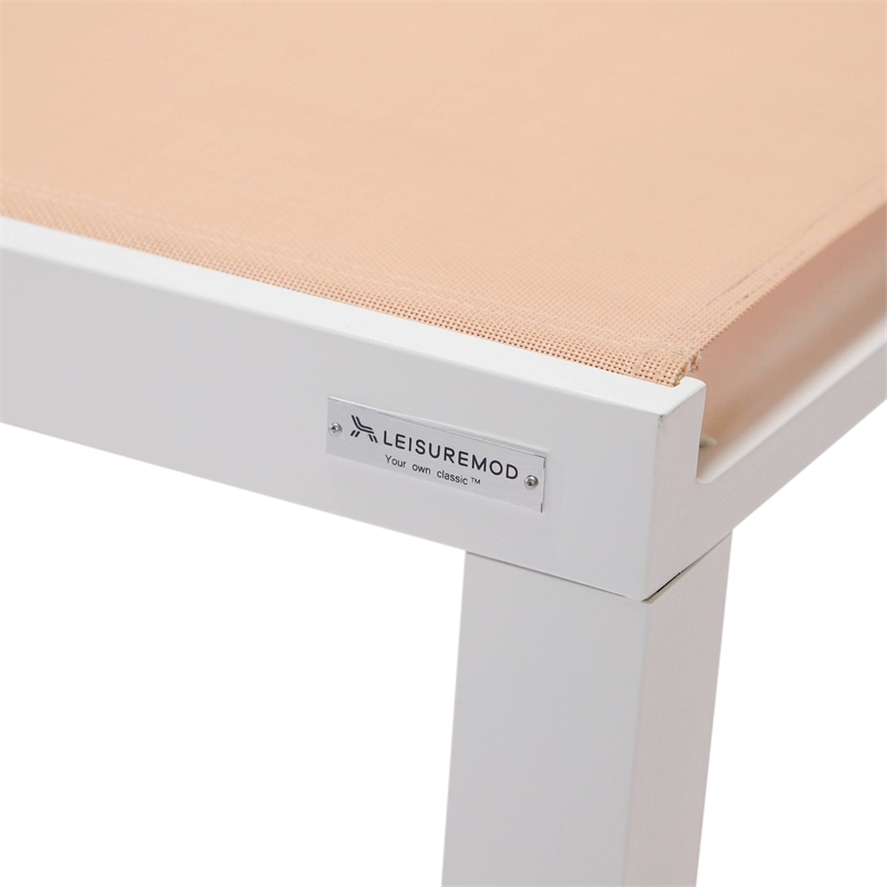 LeisureMod Marlin White Aluminum Lounge Chair and Fire Pit Table Light Brown
