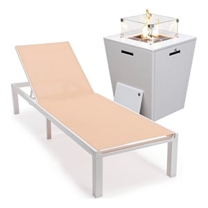 LeisureMod Marlin White Aluminum Lounge Chair and Fire Pit Table Light Brown