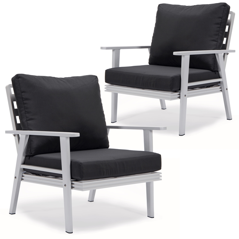 LeisureMod Walbrooke Outdoor Patio White Aluminum Armchairs Set of 2 Charcoal