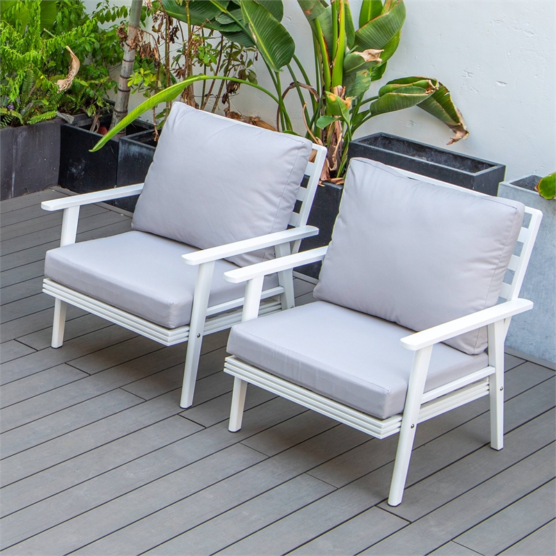 LeisureMod Walbrooke Outdoor Patio White Aluminum Armchairs Set of 2 Light Gray