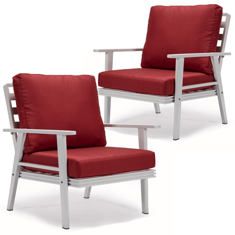 LeisureMod Walbrooke Outdoor Patio White Aluminum Armchairs Set of 2 Red