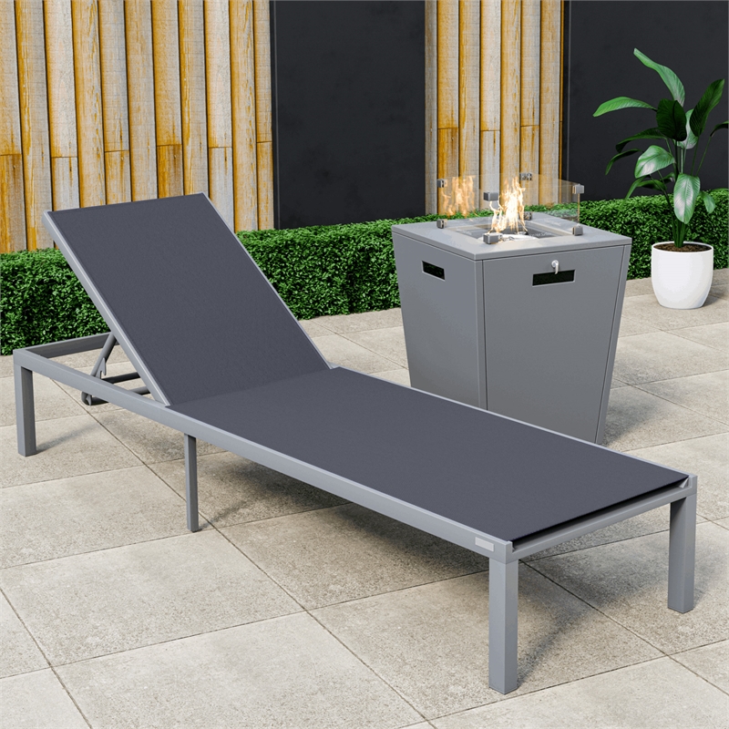 LeisureMod Marlin Gray Aluminum Lounge Chair and Fire Pit Table Black