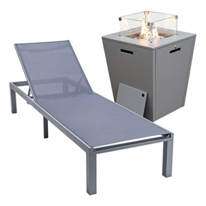 LeisureMod Marlin Gray Aluminum Lounge Chair and Fire Pit Table Dark Gray