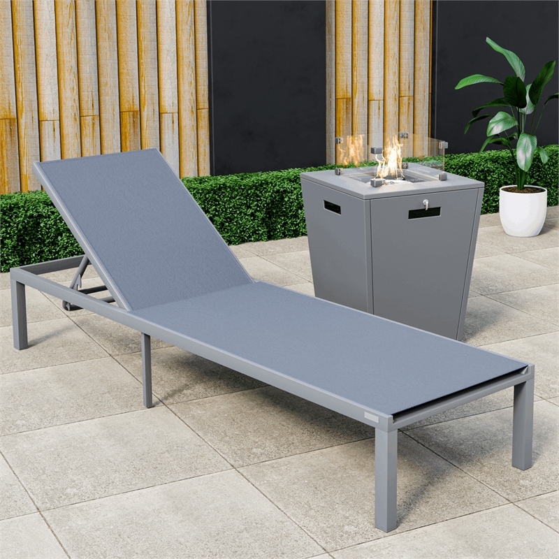 LeisureMod Marlin Gray Aluminum Lounge Chair and Fire Pit Table Dark Gray
