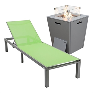 LeisureMod Marlin Gray Aluminum Lounge Chair and Fire Pit Table Green