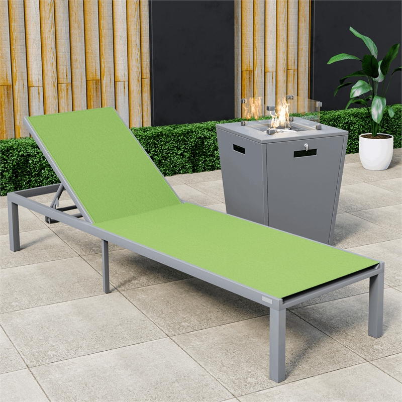 LeisureMod Marlin Gray Aluminum Lounge Chair and Fire Pit Table Green