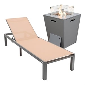 LeisureMod Marlin Gray Aluminum Lounge Chair and Fire Pit Table Light Brown