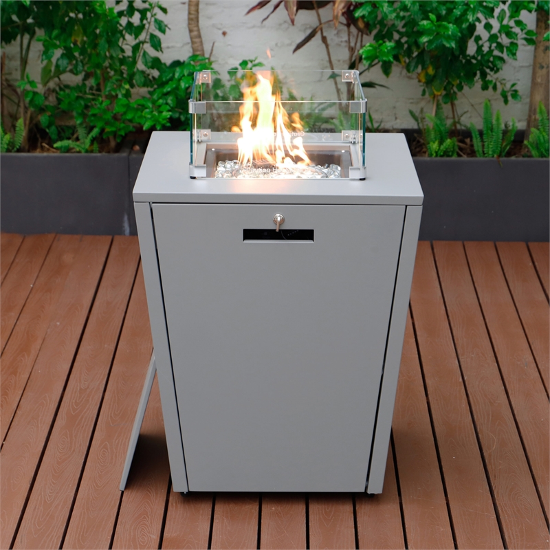 LeisureMod Marlin Gray Aluminum Lounge Chair and Fire Pit Table Light Brown