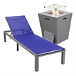 LeisureMod Marlin Gray Aluminum Lounge Chair and Fire Pit Table Navy Blue
