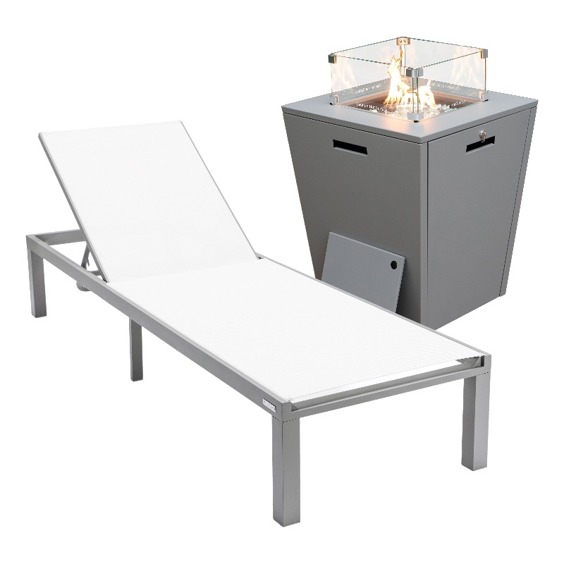 LeisureMod Marlin Gray Aluminum Lounge Chair and Fire Pit Table White