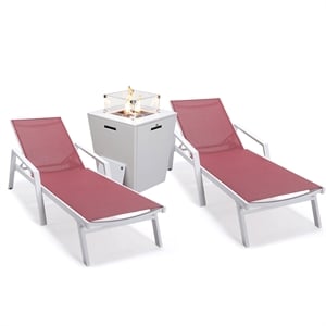 LeisureMod Marlin 2 White Aluminum Lounge Armchair and Fire Pit Red