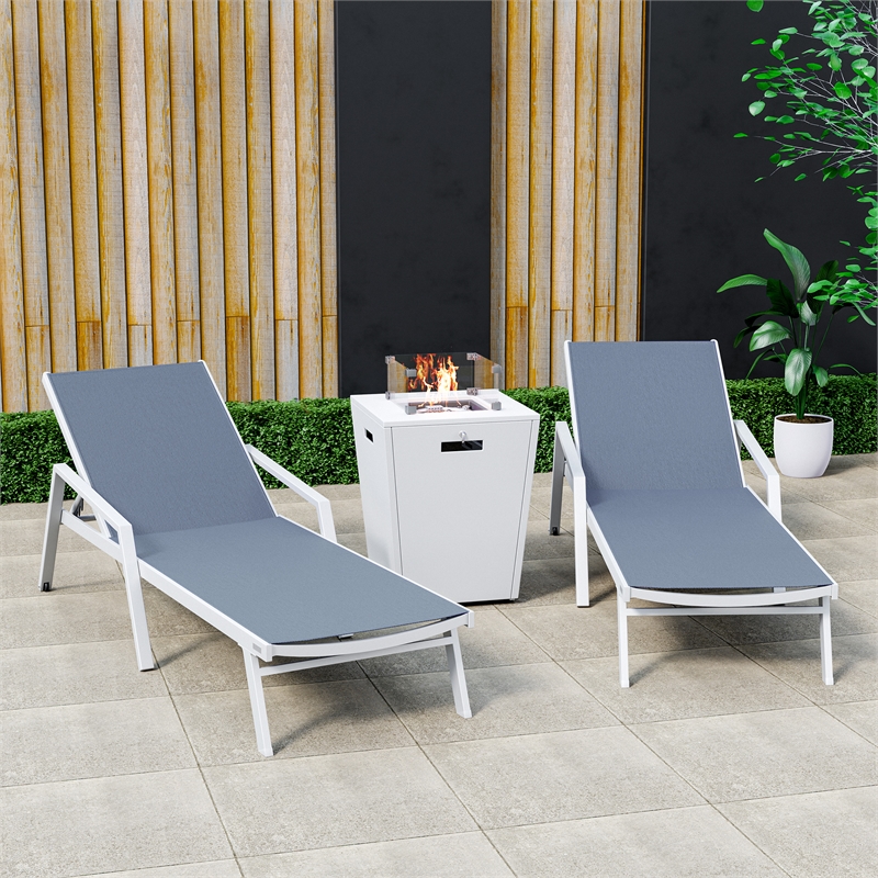 LeisureMod Marlin 2 White Aluminum Lounge Armchair and Fire Pit Dark Gray
