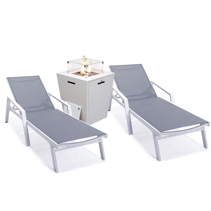 LeisureMod Marlin 2 White Aluminum Lounge Armchair and Fire Pit Dark Gray