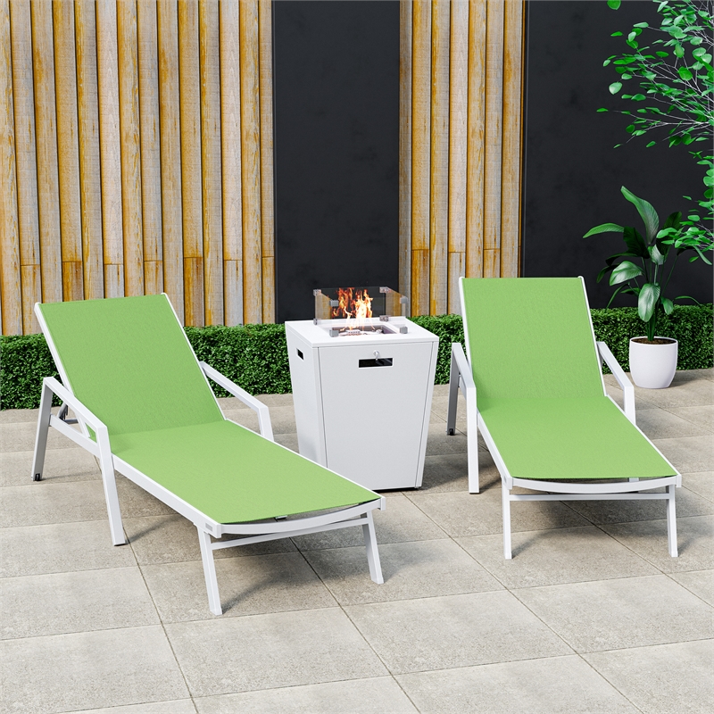 LeisureMod Marlin 2 White Aluminum Lounge Armchair and Fire Pit Green