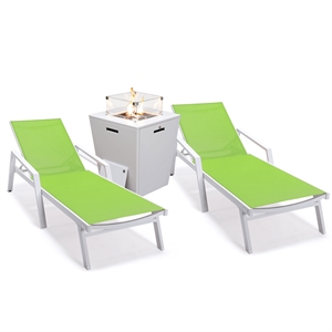 LeisureMod Marlin 2 White Aluminum Lounge Armchair and Fire Pit Green