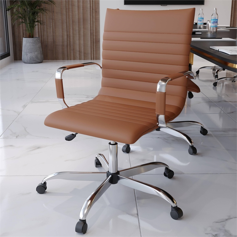 LeisureMod Harris Adjustable Swivel Leather Task Office Chair Light Brown