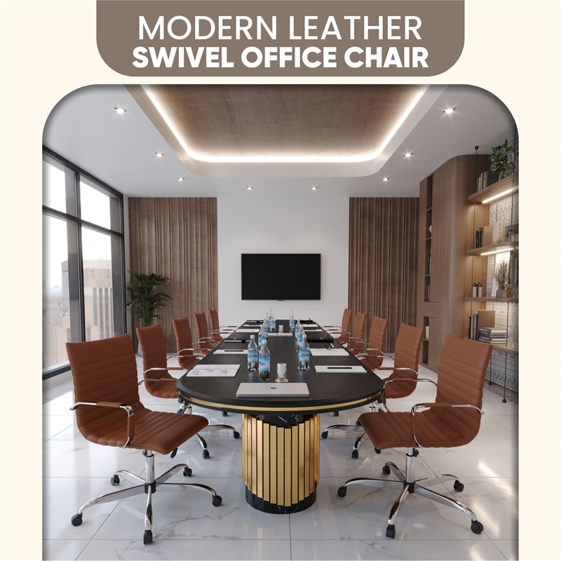 LeisureMod Harris Adjustable Swivel Leather Task Office Chair Light Brown