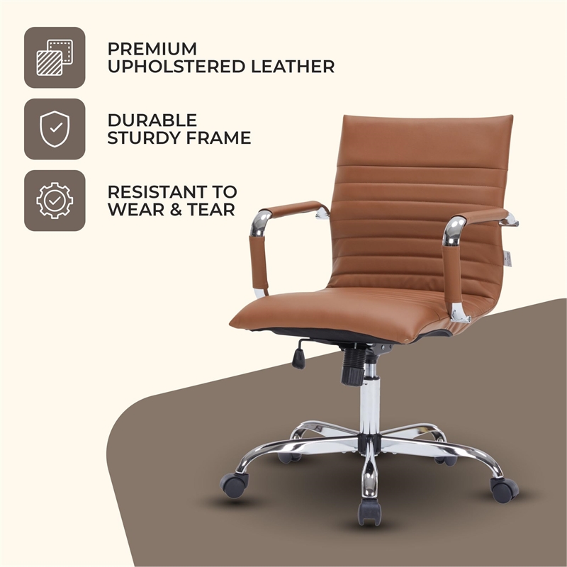 LeisureMod Harris Adjustable Swivel Leather Task Office Chair Light Brown