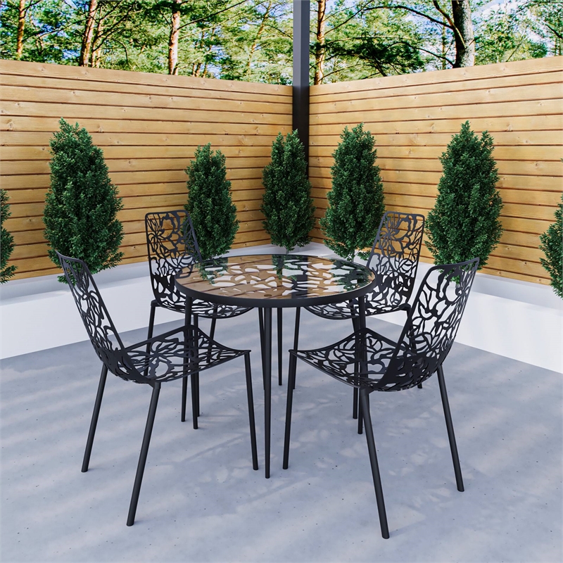 LeisureMod Devon 5-Piece Aluminum Dining Set with Table and 4 Chairs Black
