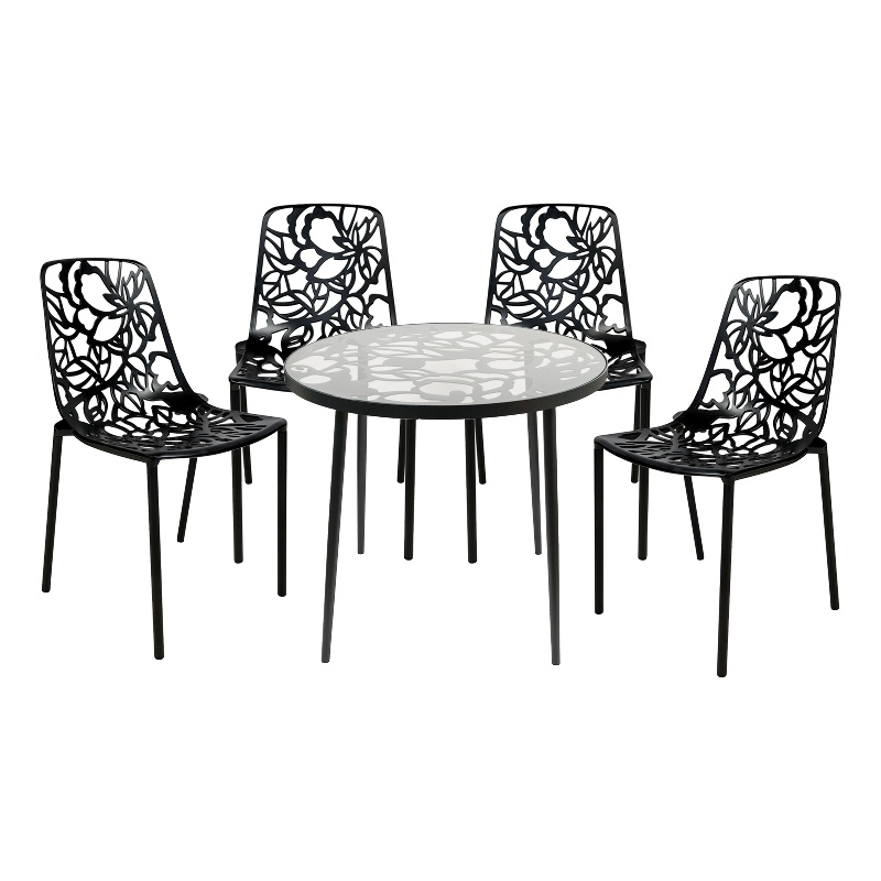 LeisureMod Devon 5-Piece Aluminum Dining Set with Table and 4 Chairs Black