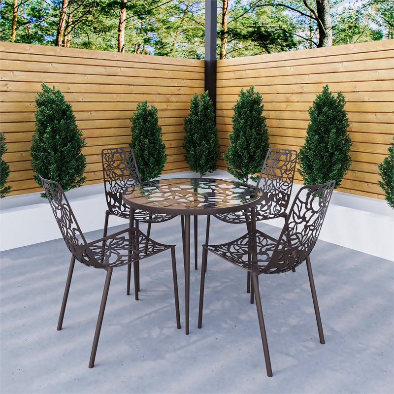 LeisureMod Devon 5-Piece Aluminum Dining Set with Table and 4 Chairs Brown