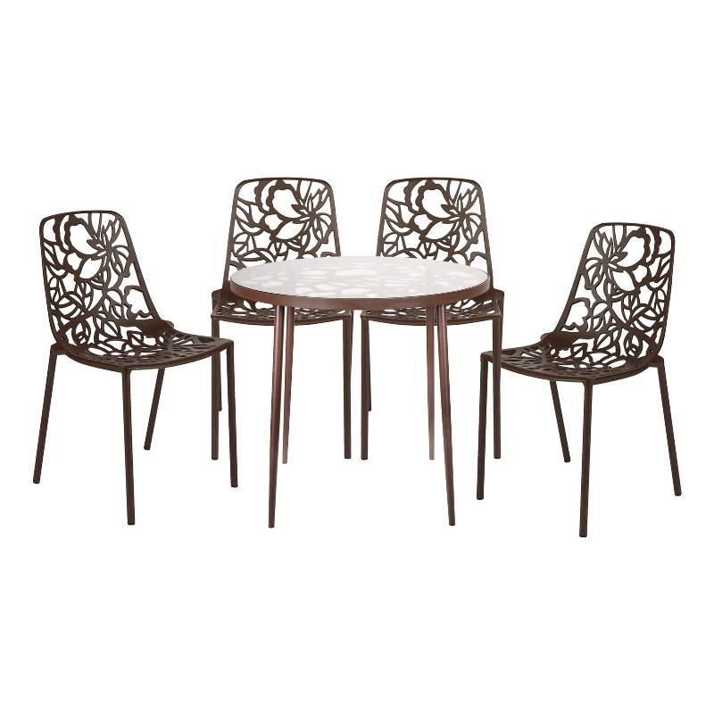 LeisureMod Devon 5-Piece Aluminum Dining Set with Table and 4 Chairs Brown
