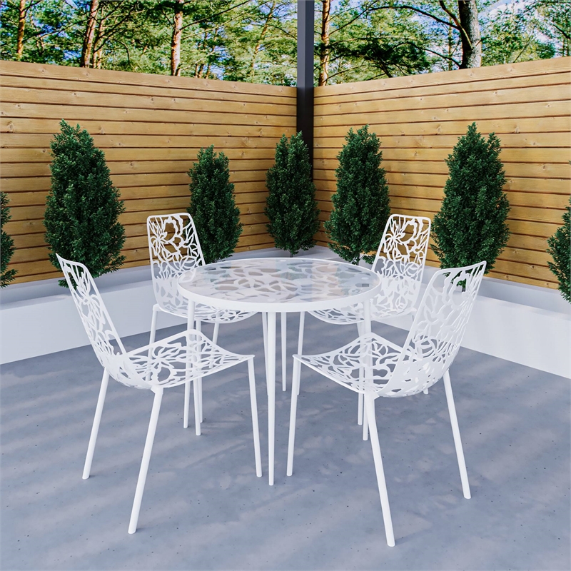 LeisureMod Devon 5-Piece Aluminum Dining Set with Table and 4 Chairs White