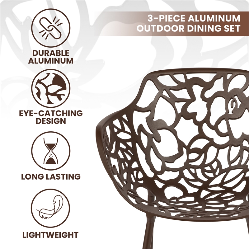 LeisureMod Devon Aluminum 3-Piece Dining Set with Table and 2 Armchairs Brown