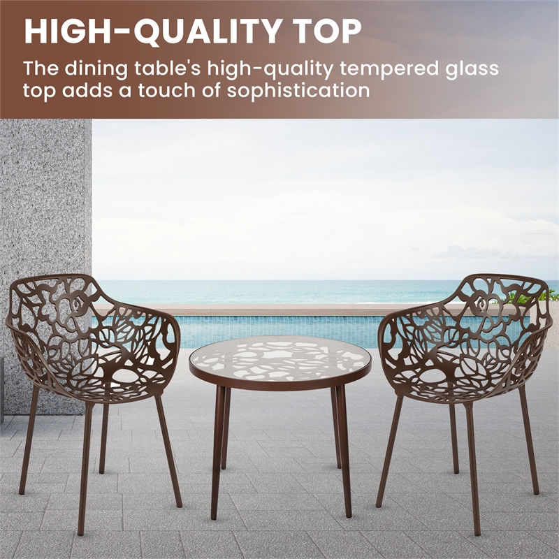 LeisureMod Devon Aluminum 3-Piece Dining Set with Table and 2 Armchairs Brown