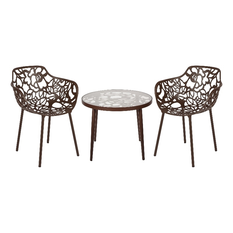 LeisureMod Devon Aluminum 3-Piece Dining Set with Table and 2 Armchairs Brown