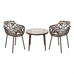 LeisureMod Devon Aluminum 3-Piece Dining Set with Table and 2 Armchairs Brown