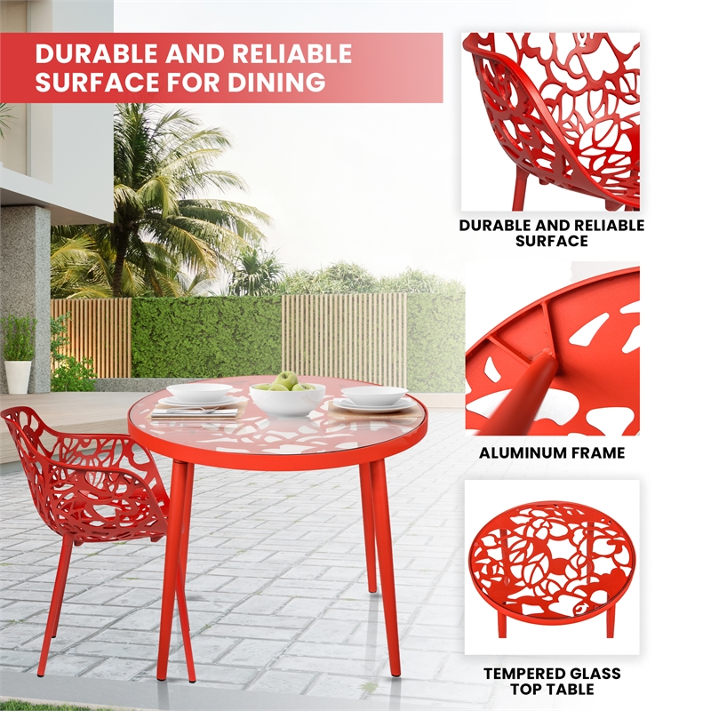 LeisureMod Devon Aluminum 3-Piece Dining Set with Table and 2 Armchairs Red