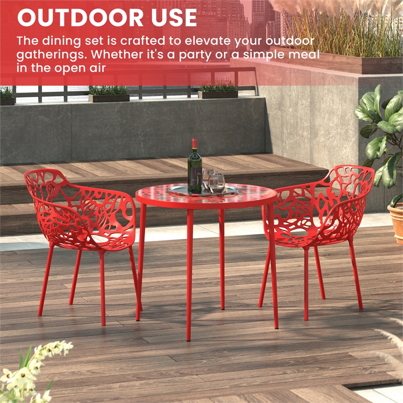 LeisureMod Devon Aluminum 3-Piece Dining Set with Table and 2 Armchairs Red