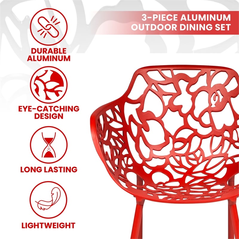 LeisureMod Devon Aluminum 3-Piece Dining Set with Table and 2 Armchairs Red