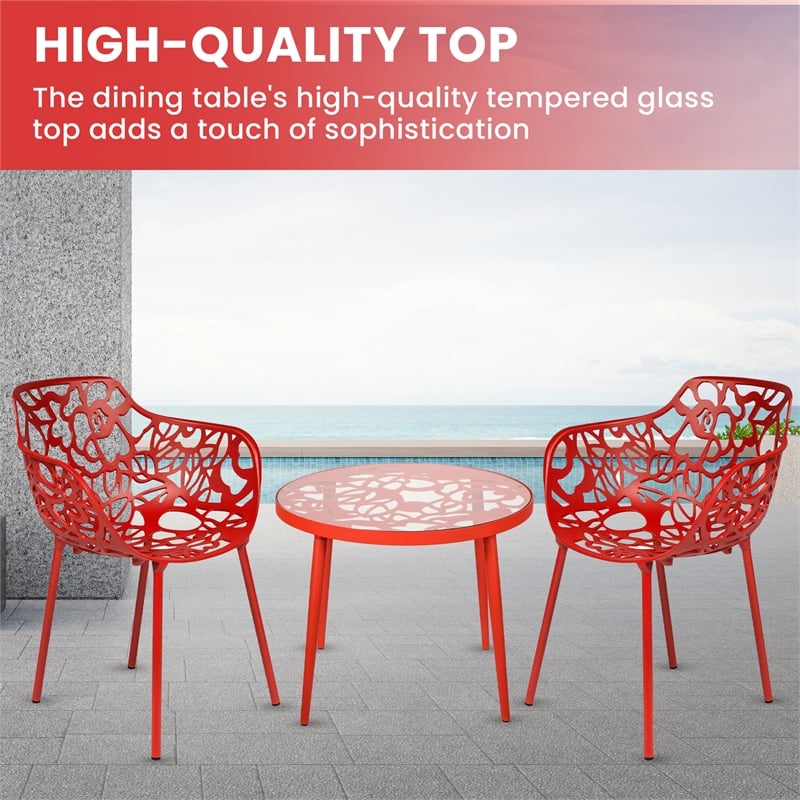 LeisureMod Devon Aluminum 3-Piece Dining Set with Table and 2 Armchairs Red
